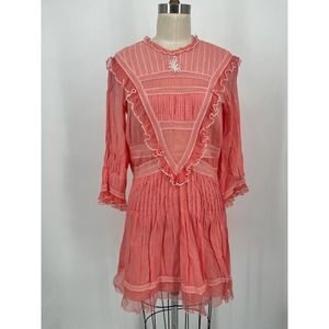 Doen Mini Dress Sz M Pink Ruffle Sheer Lace Pleated Cottage Prairie